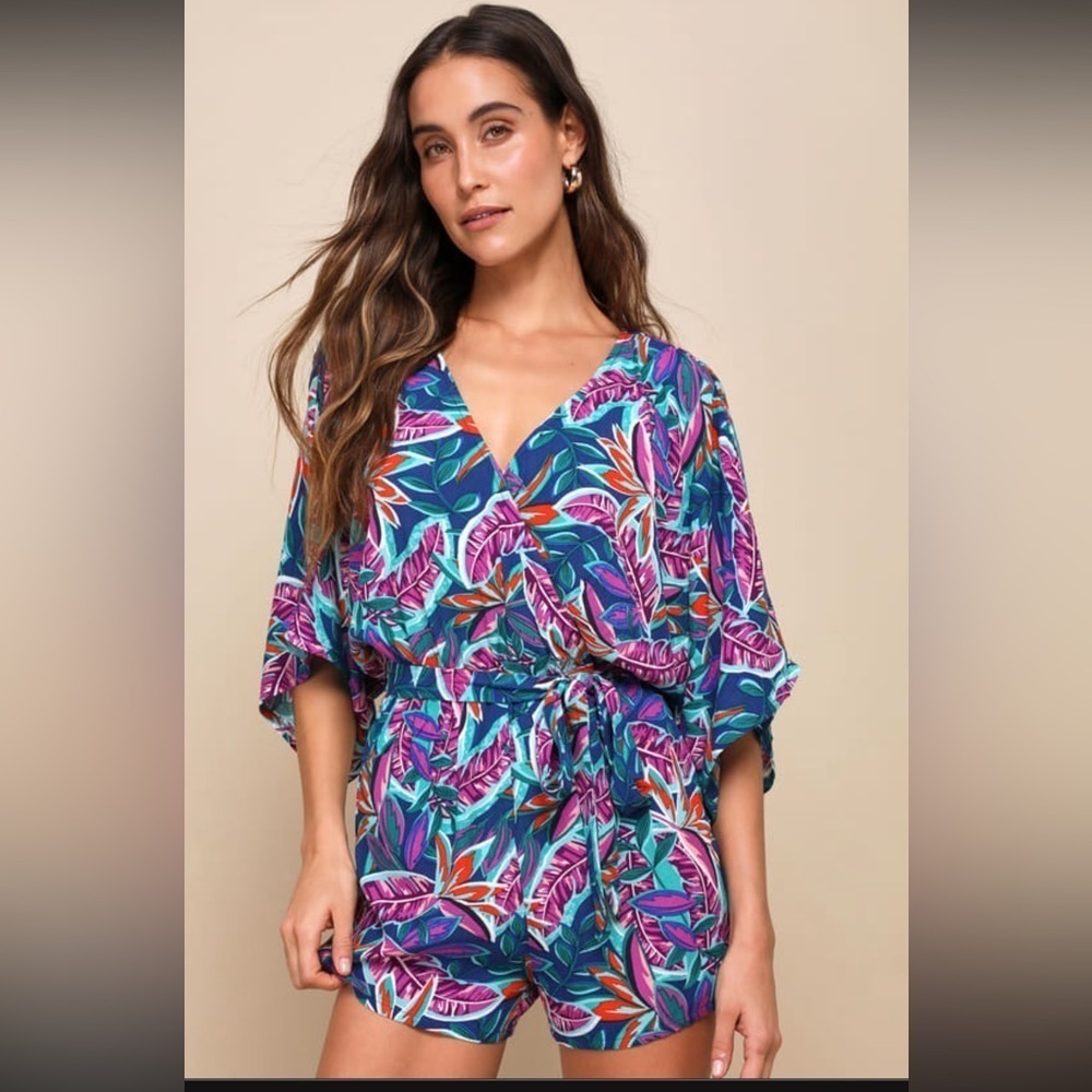 Lulu's Tropical Print V-Neck Short Jumpsuit in Teal & Purple